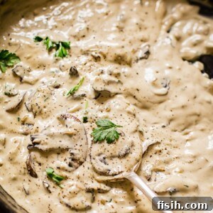 Close up view of spoon scooping creamy cognac sauce in a pan