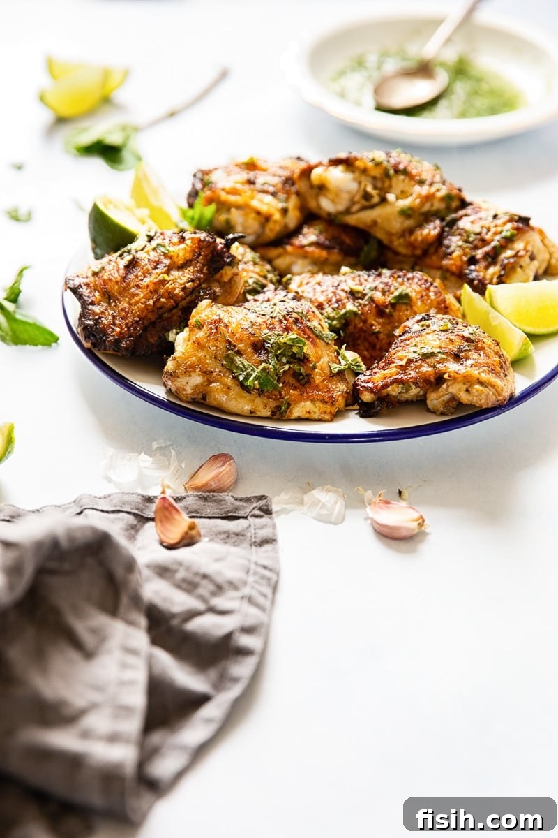 Close-up of a plate featuring perfectly grilled chicken thighs against a clean white background