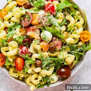 Top down view of green goddess pasta salad