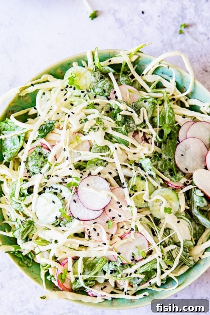 Creamy Keto Cabbage Slaw 3 Top-down view of the keto-friendly cabbage salad in a rustic bowl