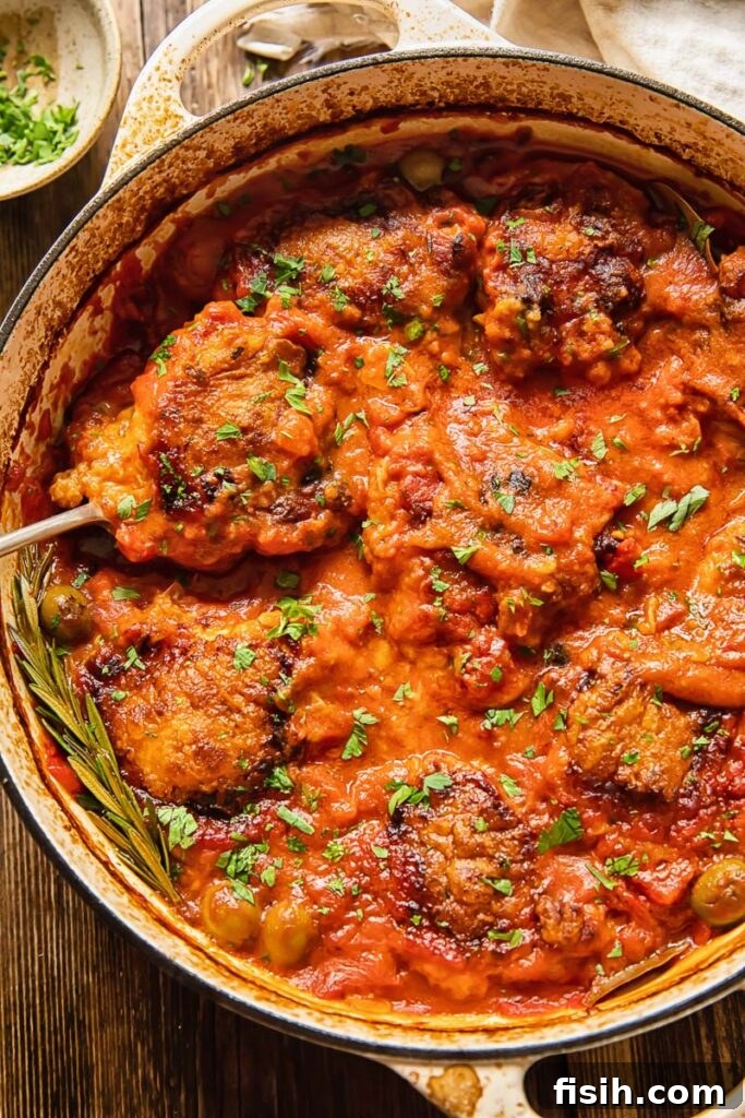 top down of chicken cacciatore in a pan, showcasing the crispy chicken and rich sauce