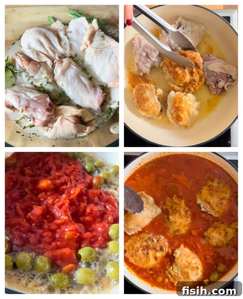 four process shots showing how to make the chicken cacciatore recipe, from marinating to browning and simmering