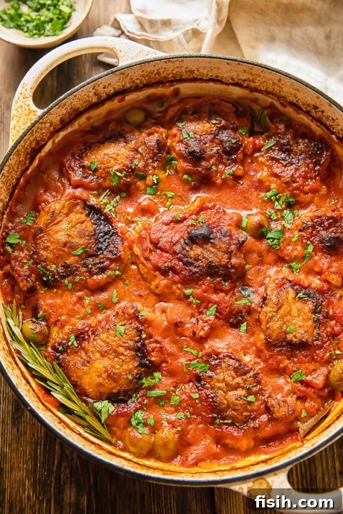 chicken cacciatore in a white pan, ready to be served