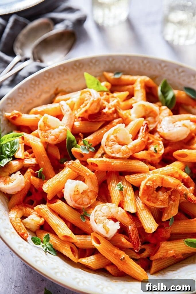 Side view of a serving bowl of penne alla vodka with shrimp