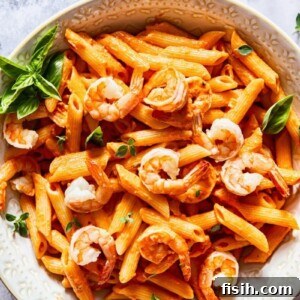 bowl of shrimp penne alla vodka from the top down
