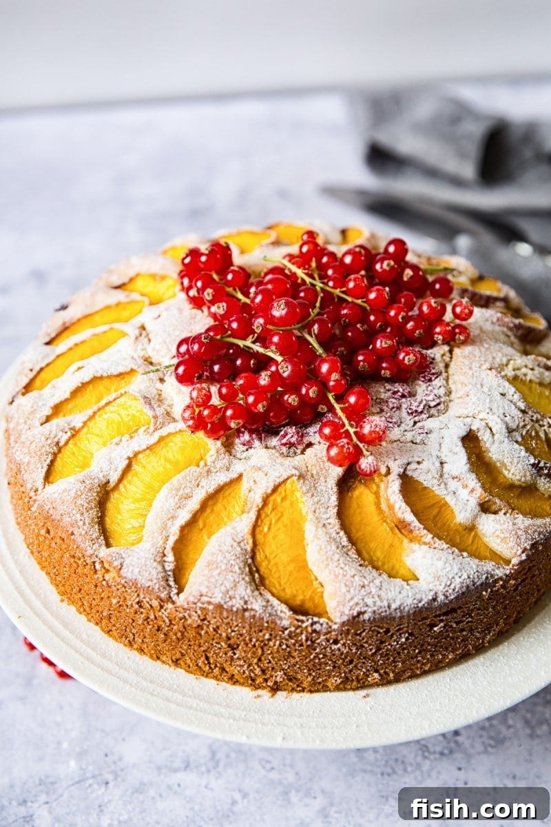 Top-down view of the summer peach and red berry cake on a white cake stand, emphasizing the beautiful fruit arrangement