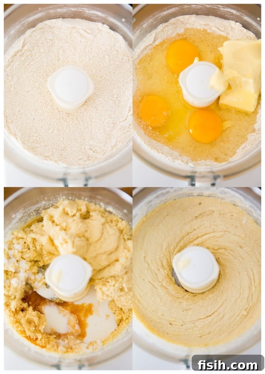 Collage of process shots demonstrating how to prepare the cake batter, from mixing dry ingredients to combining wet and dry
