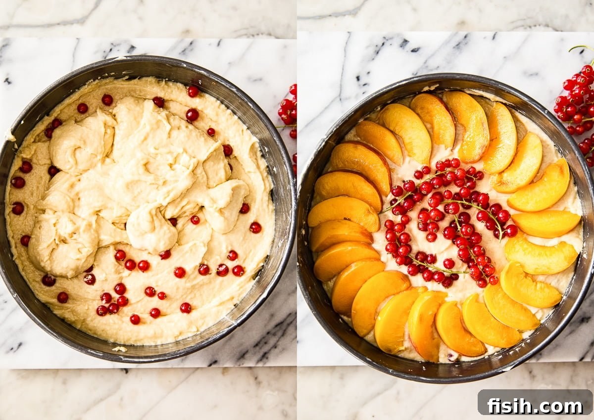 Process shots demonstrating how to assemble the peach and berry cake layers in a baking pan before baking