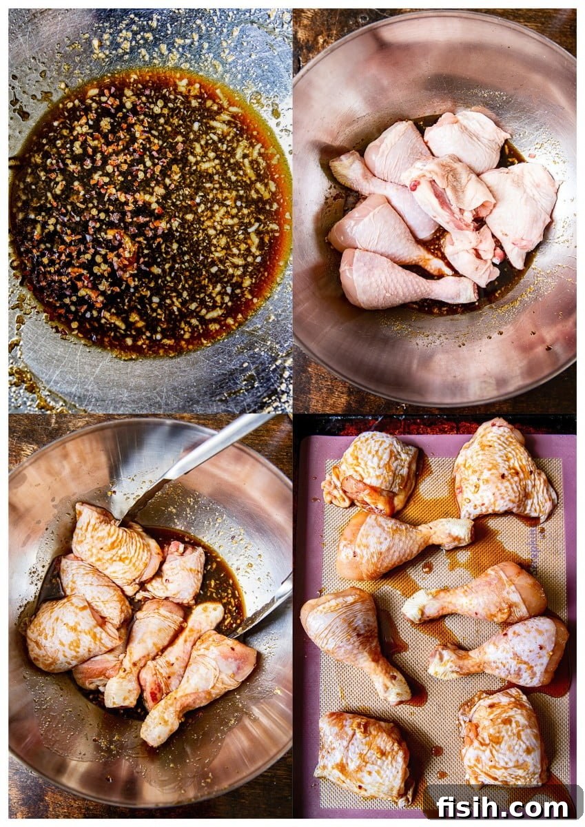 Process images showing steps for preparing the Asian chicken recipe, from marinating to baking.
