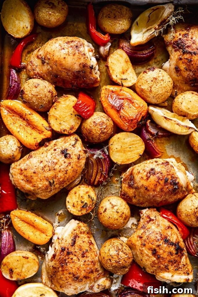 Close-up of succulent baked Spanish chicken thighs with potatoes and colorful peppers
