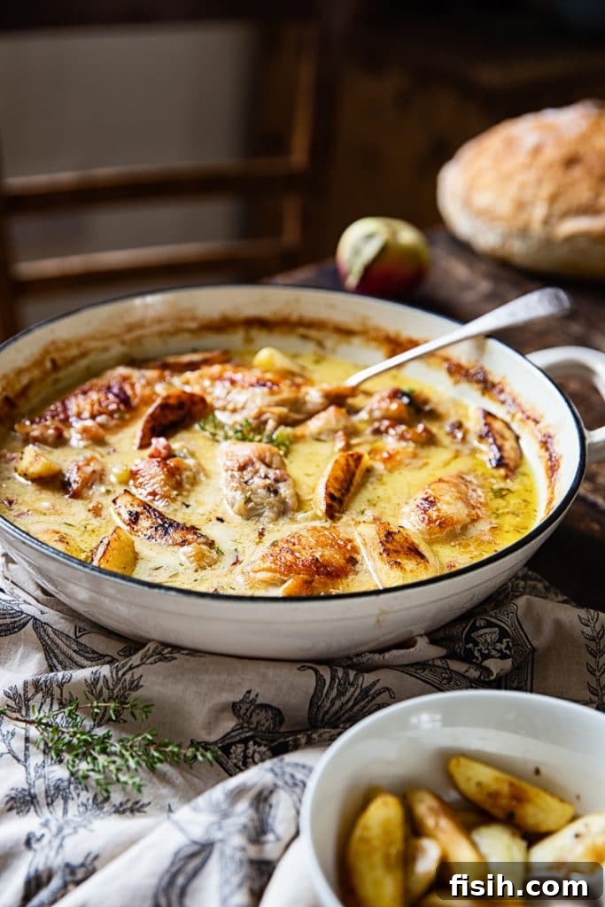 Creamy Normandy Chicken Casserole 3 shallow pan of the casserole with a serving spoon
