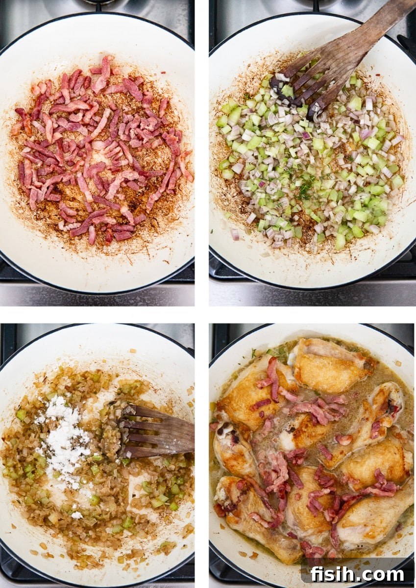 Creamy Normandy Chicken Casserole 5 four process images showing making of the dish