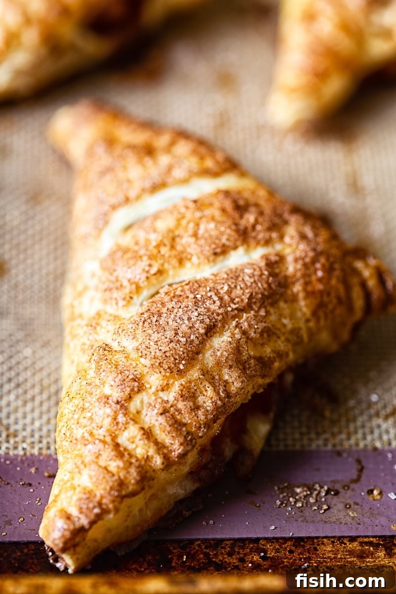 Golden Apple Pockets 4 A close-up shot of a perfectly baked apple turnover, revealing its golden, flaky crust and hint of cinnamon sugar, inviting a bite.