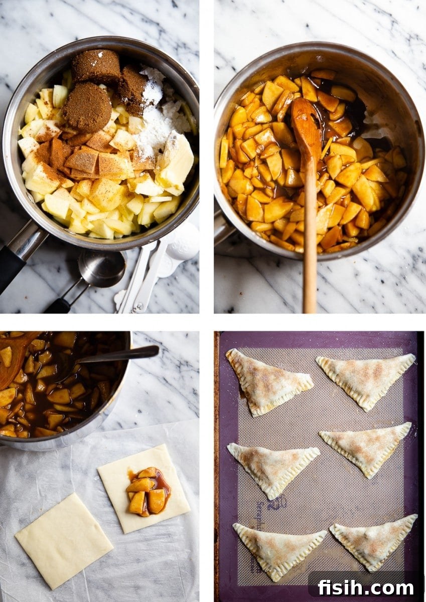 Golden Apple Pockets 6 A collage of process shots showing the steps to make apple turnovers: mixing the apple filling, spooning it onto puff pastry, and folding the pastry into triangles.
