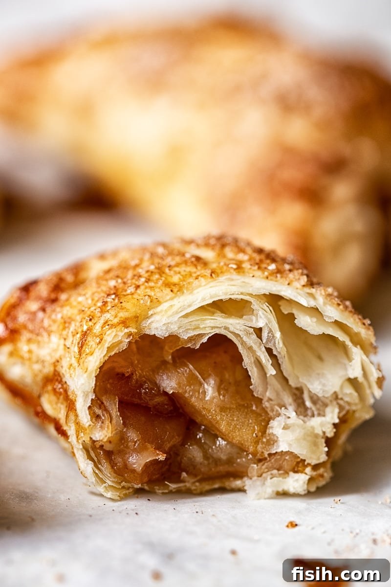 Golden Apple Pockets 7 A close-up of a partially eaten apple turnover, revealing its golden, flaky layers and the rich, spiced apple filling inside.