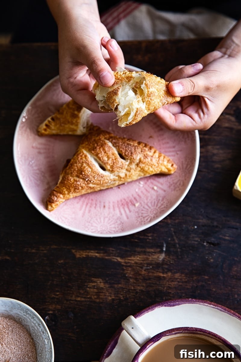 Golden Apple Pockets 8 Two hands gently holding a freshly baked, golden-brown apple turnover, ready to be enjoyed.