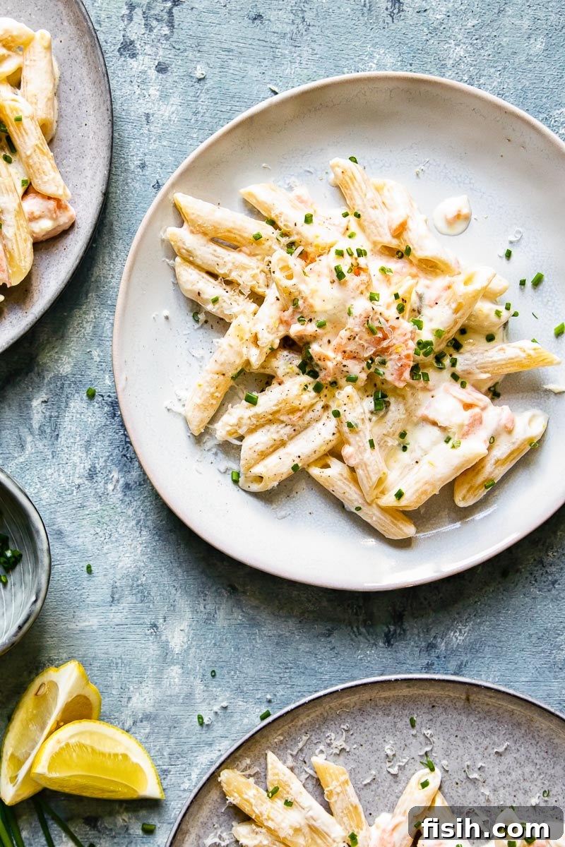 Top down shot of the pasta dish, highlighting the creamy sauce texture