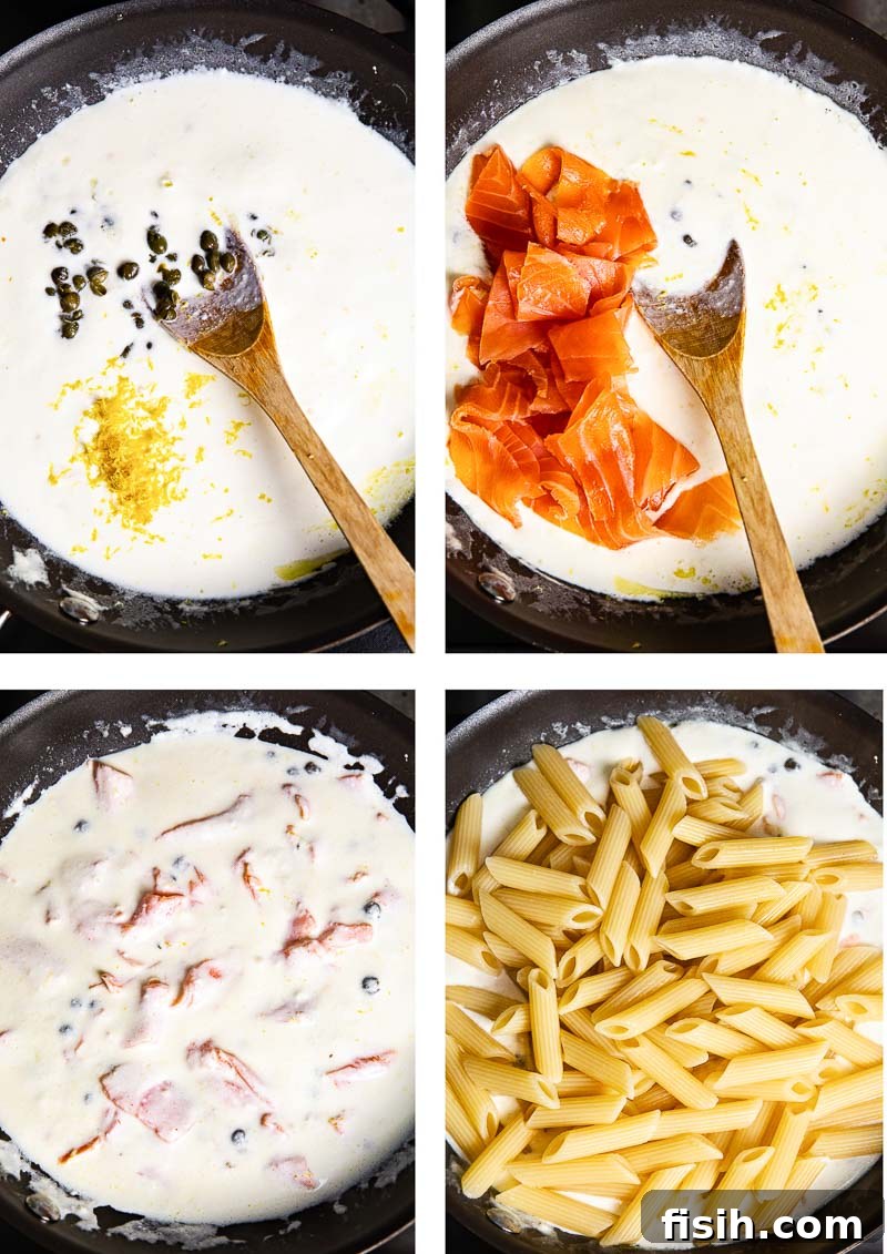 Process shot showing creamy pasta sauce being mixed with salmon pieces in a pan