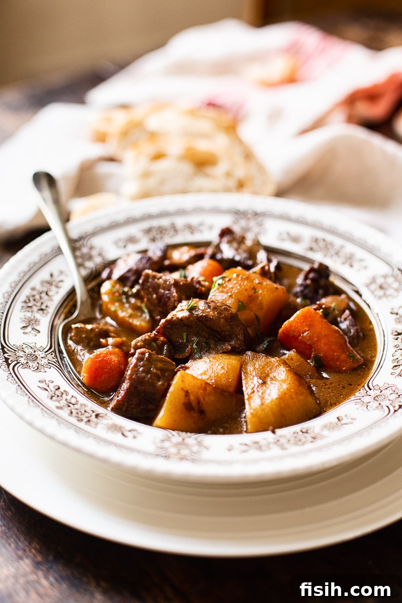 A spoonful of Irish Beef Stew with tender meat and potato, illustrating the stew's hearty consistency.