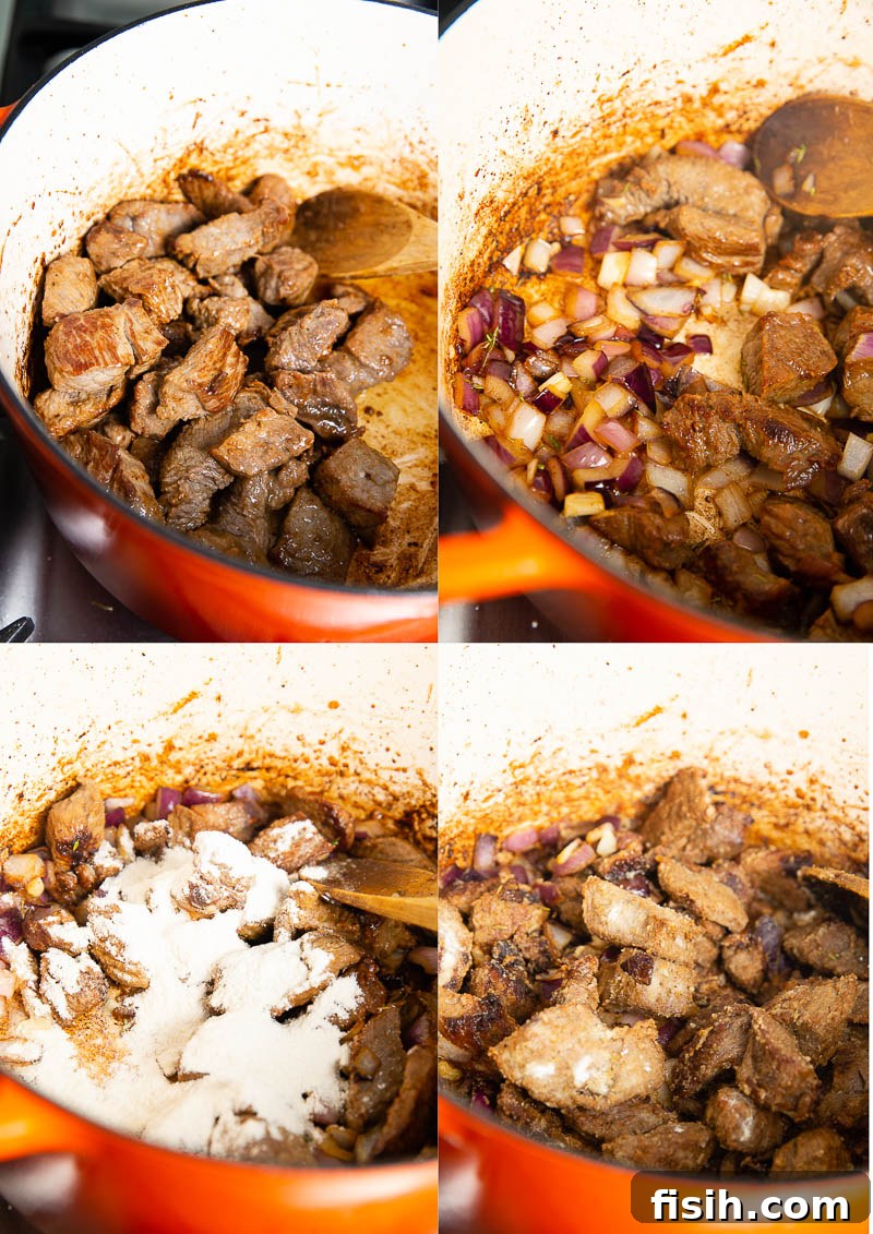 A collage of sequential photos showing the process of making Irish Beef Stew, from browning beef to adding vegetables.