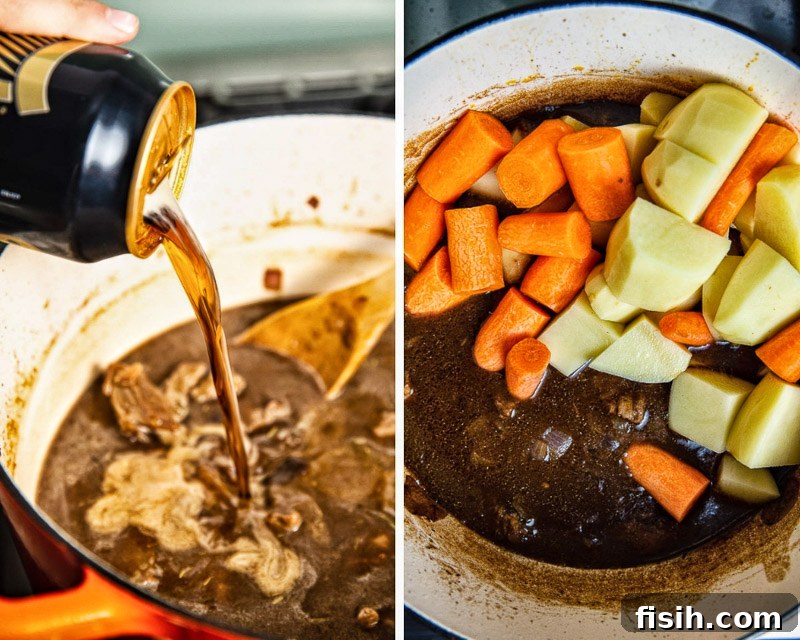 A series of close-up images showing different stages of making Irish Beef Stew with Guinness, from raw ingredients to cooked meat.