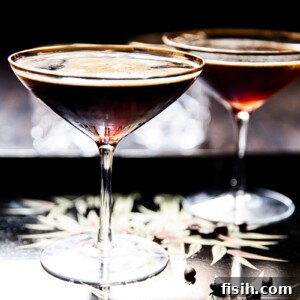 Two cocktail glasses with Espresso Martinis