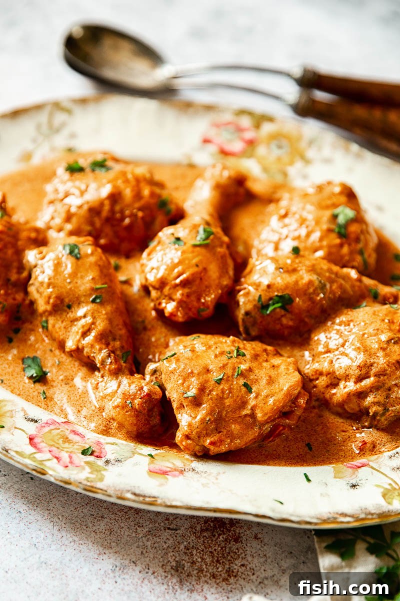 A side view of chicken in sauce on a platter