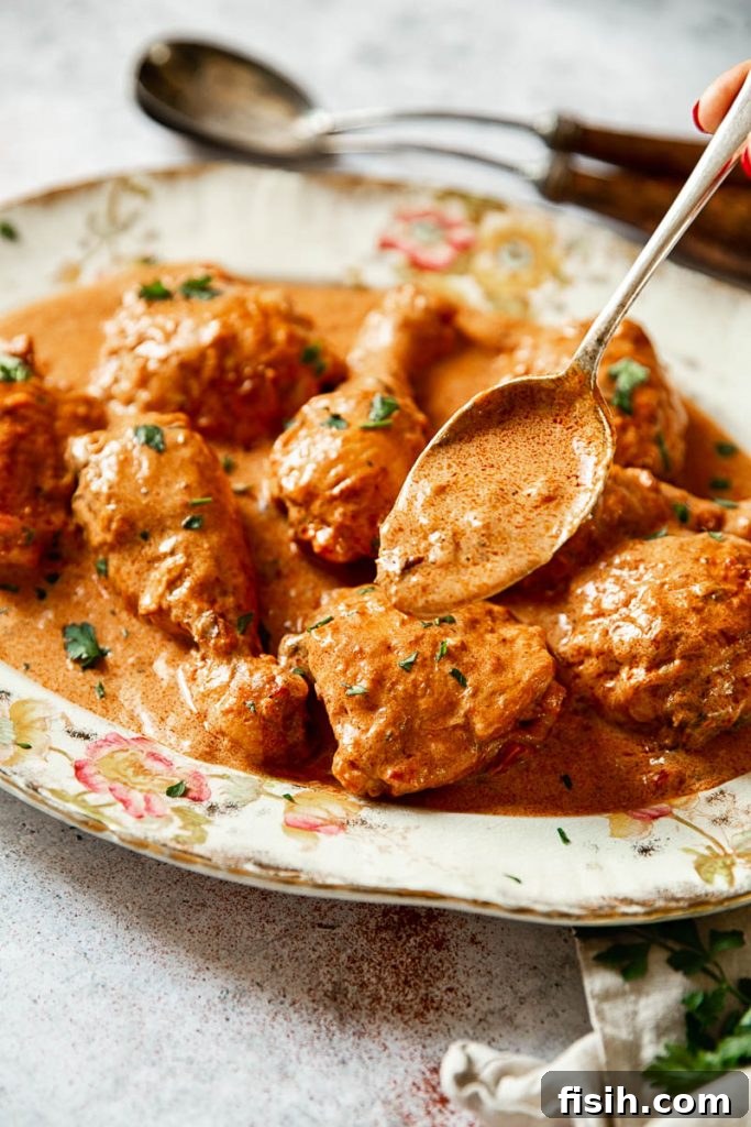A spoon pouring the red sauce over the dish