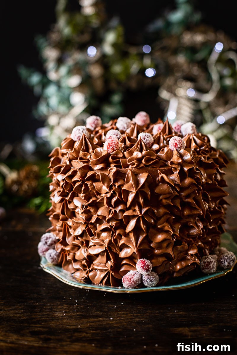 A beautifully frosted and decorated Christmas chocolate cake sitting on a cake stand, with a festive wreath in the background