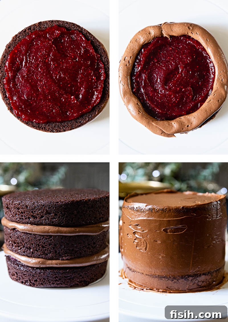 Step-by-step process shots showing the assembly of the chocolate cake with ganache and compote