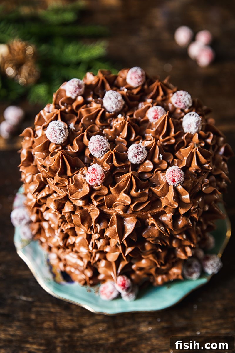 A slice of the festive Christmas chocolate cake, beautifully plated