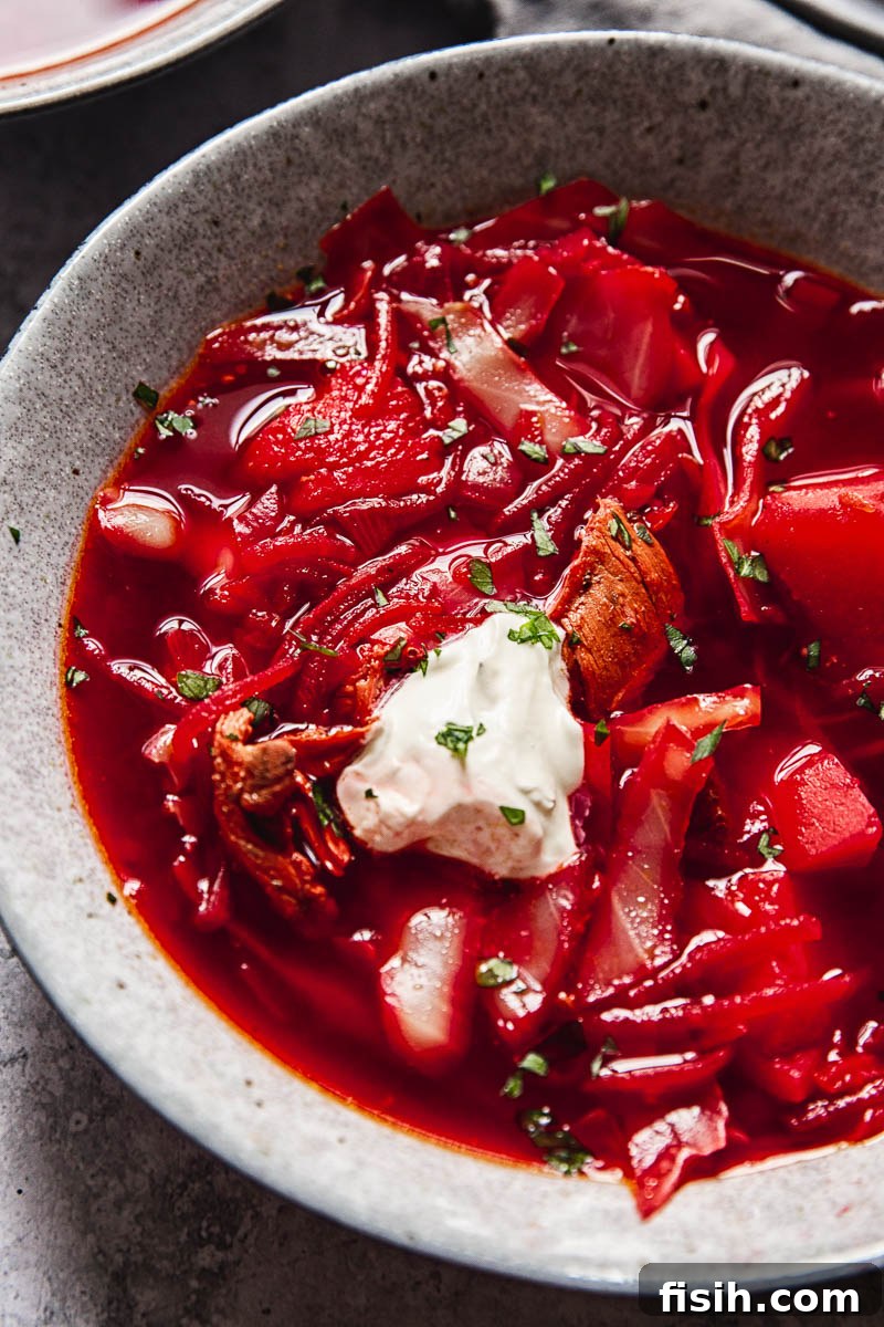 Heartwarming Borscht Made Easy 2 close up of a bowl of borscht with a dollop of sour cream