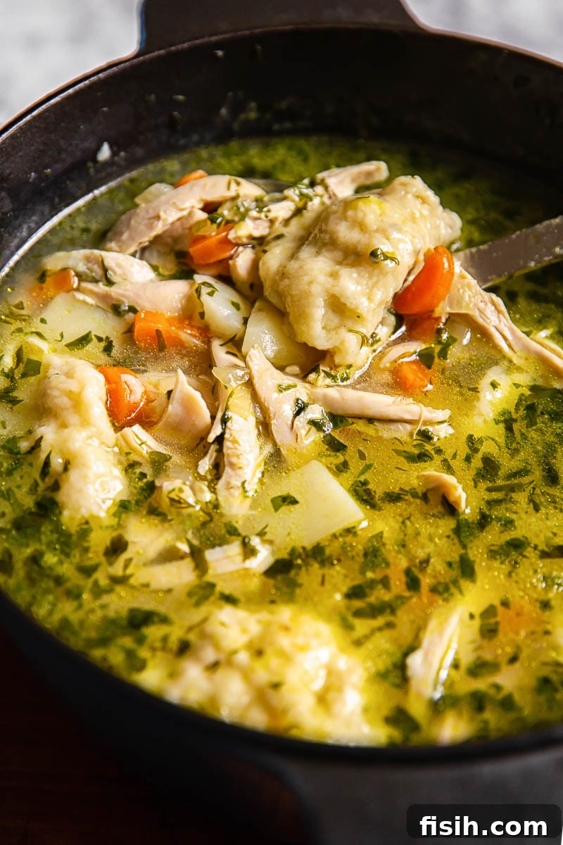 Close-up of fluffy buttermilk dumplings in Chicken and Dumpling Soup.