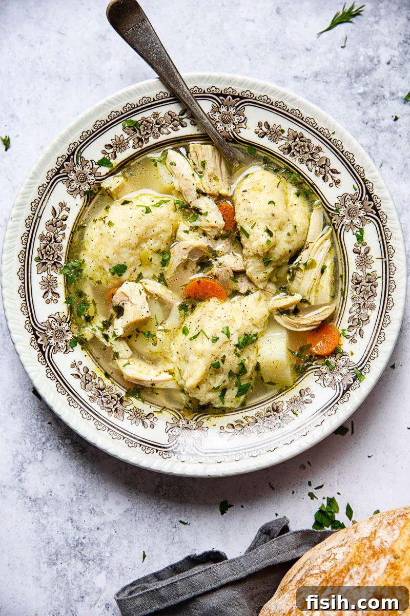 Warm and comforting Chicken and Dumpling Soup served in a bowl.