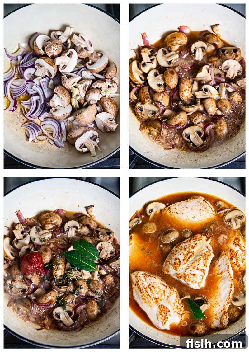 A series of four sequential images demonstrating the preparation of Chicken Chasseur sauce, from sautéing vegetables to simmering.