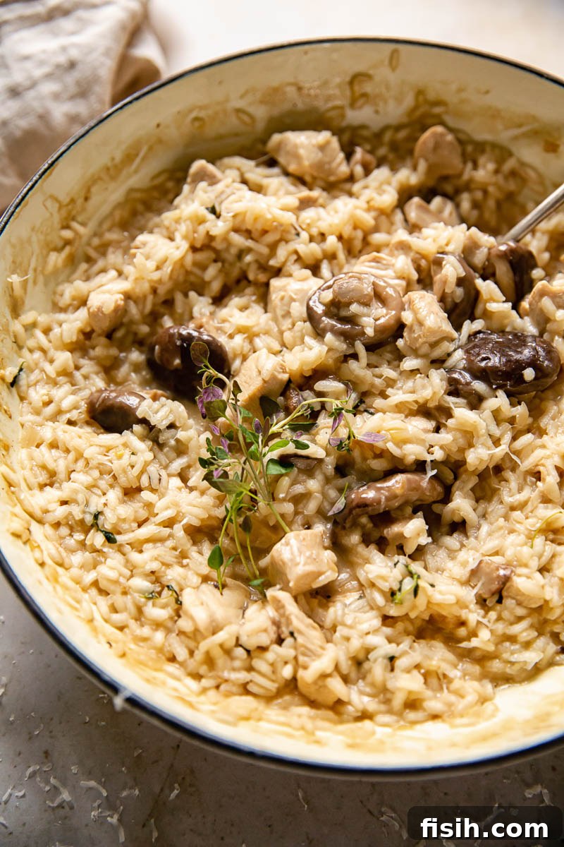 Creamy Chicken Risotto with Earthy Mushrooms and Aromatic Thyme 2 A large white pan filled with creamy chicken risotto, garnished with fresh herbs on top, ready to be served as a delightful family meal.