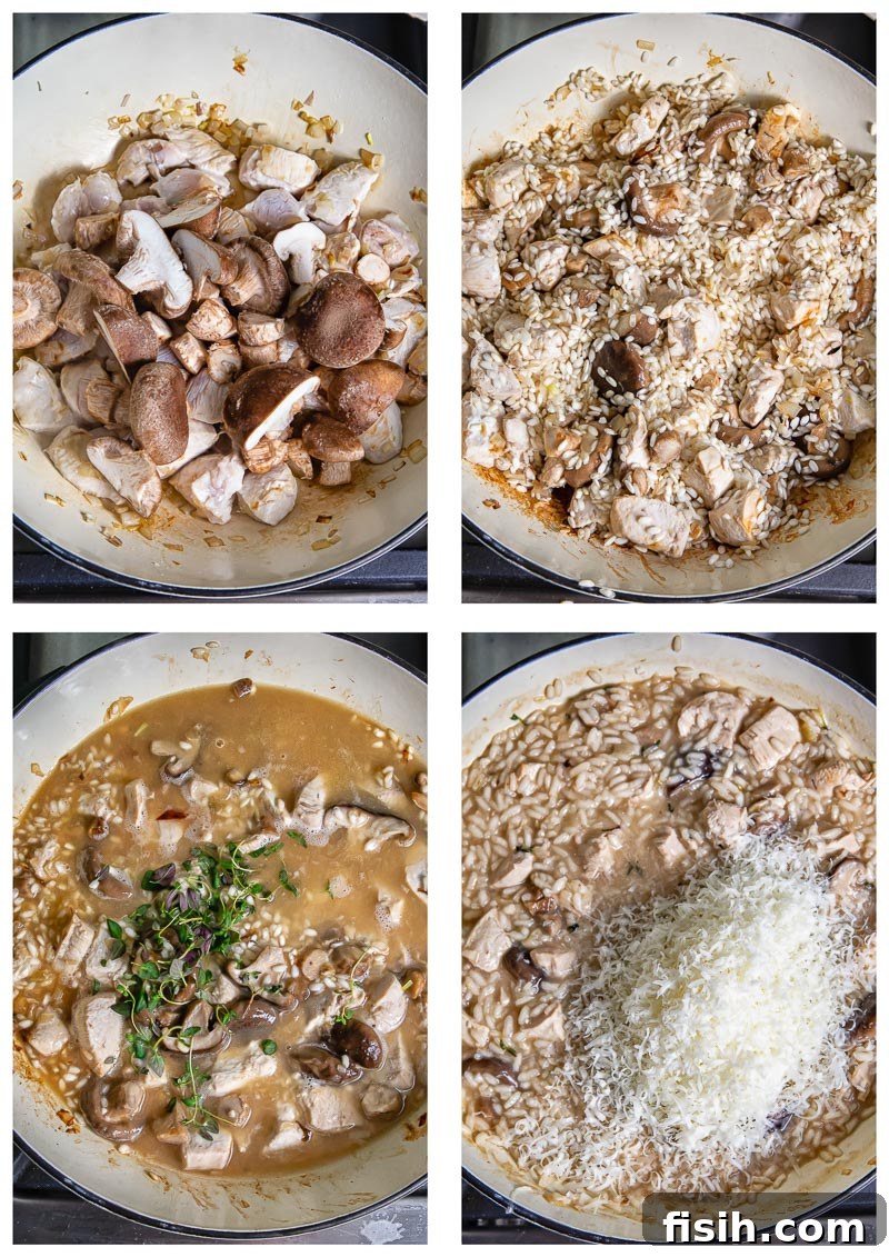 Creamy Chicken Risotto with Earthy Mushrooms and Aromatic Thyme 4 A series of four sequential process shots demonstrating the step-by-step preparation of chicken risotto in a cast iron pan, highlighting key cooking stages.