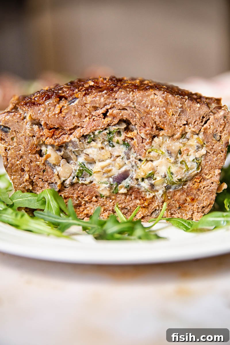 Gourmet Stuffed Meatloaf with Creamy Mushrooms 4 Meatloaf stuffed with creamed mushrooms with herbs and garlic.