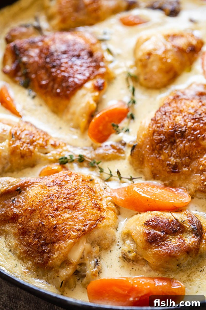 Close-up of chicken casserole with carrots and thyme in creamy sauce, served in a skillet.
