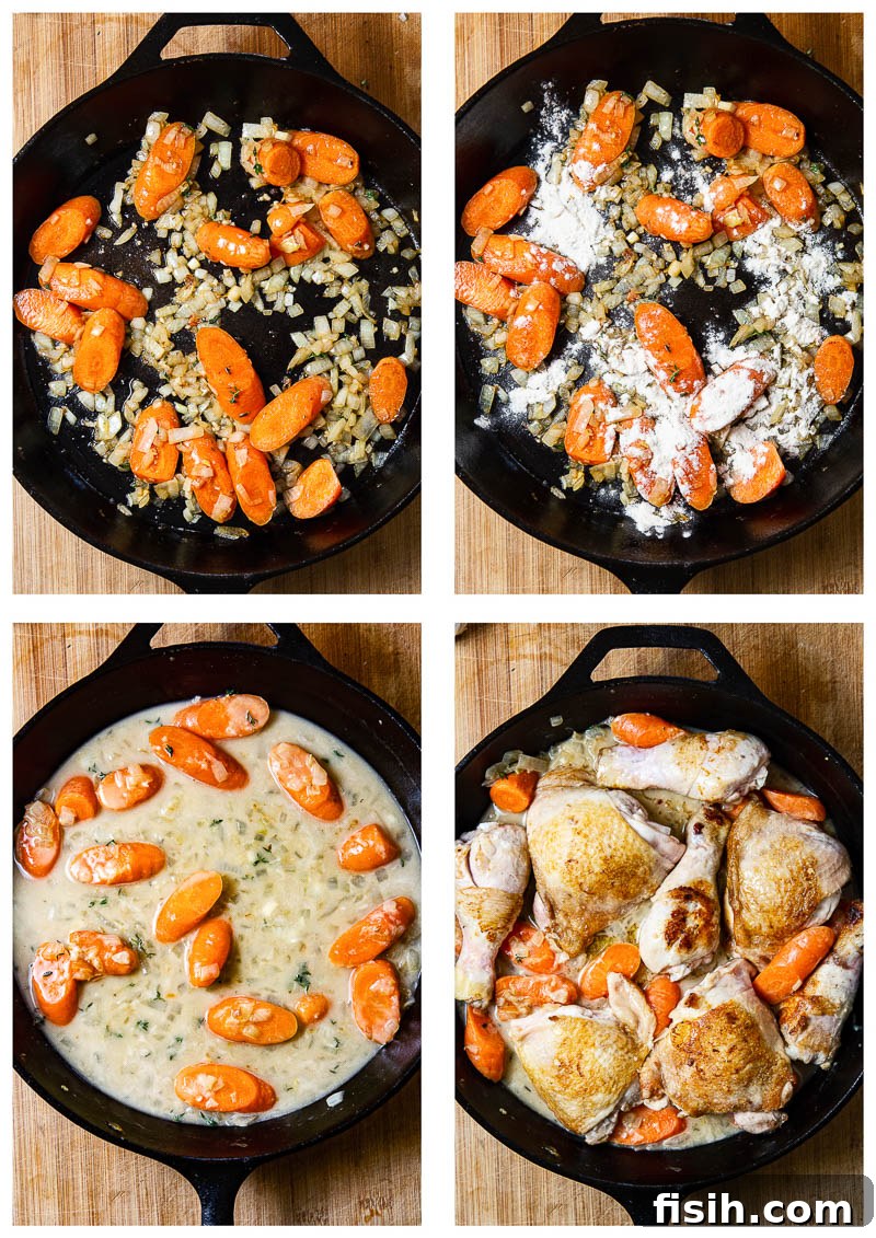 Step-by-step process of making chicken casserole, showing browning chicken, sautéing vegetables, and combining ingredients.