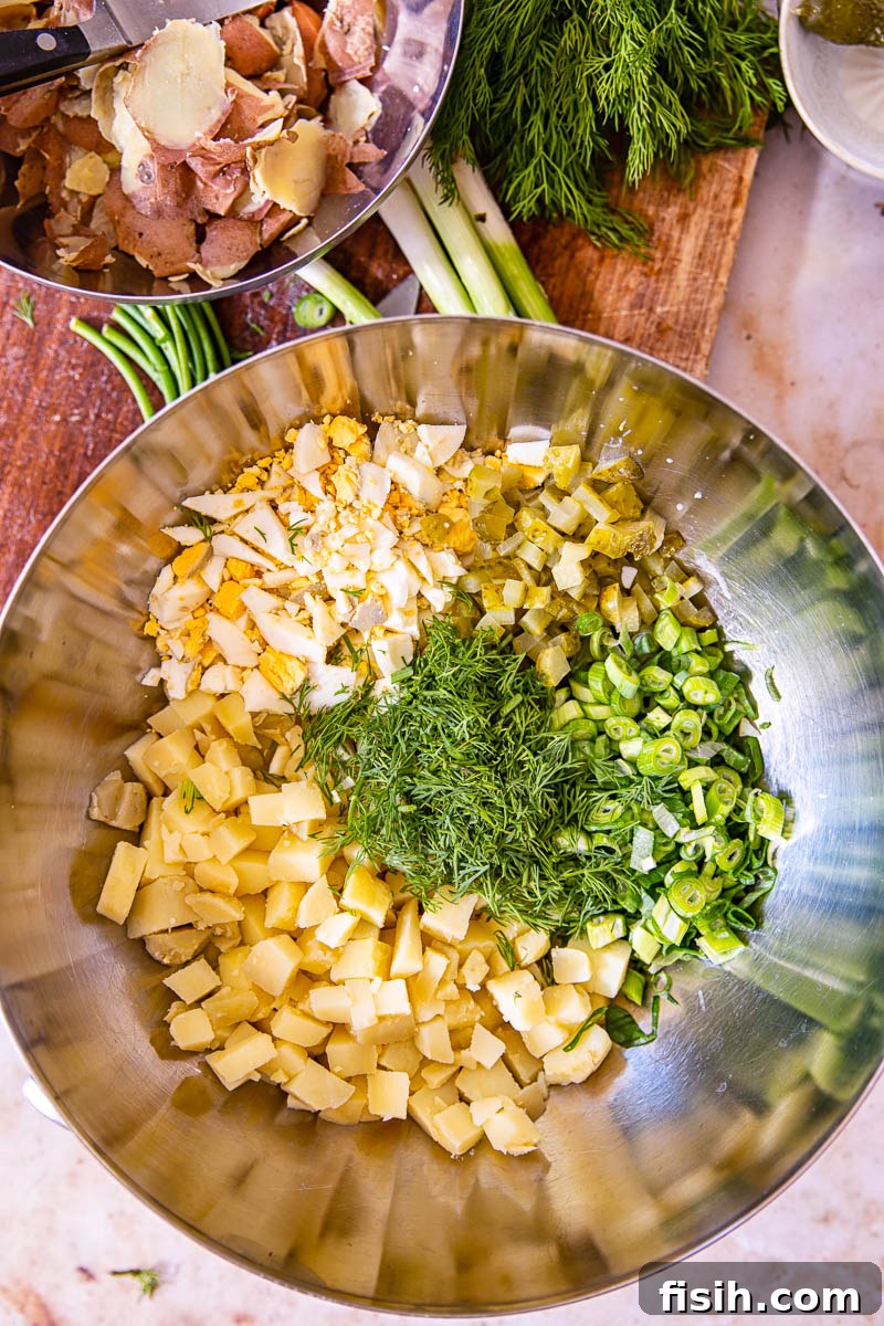 Creamy Fresh Dill Potato Salad 3 fresh ingredients laid out for making dill potato salad