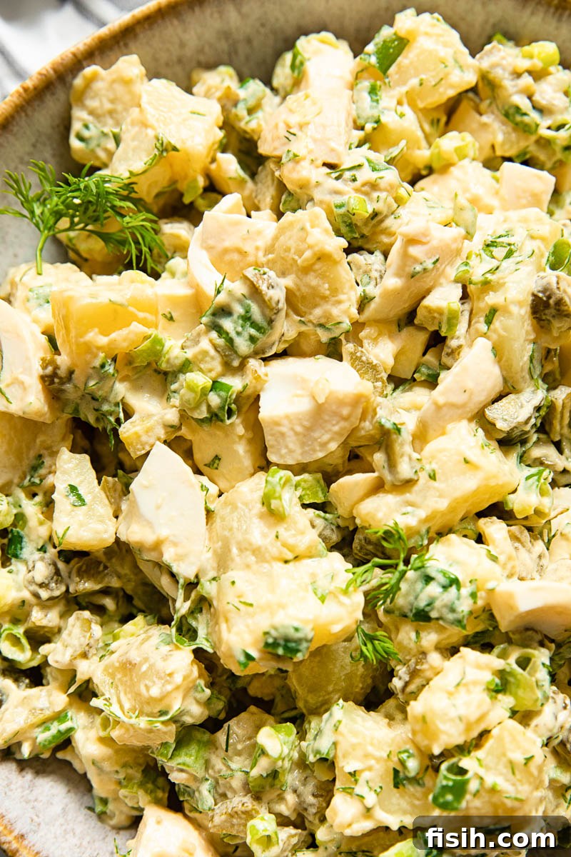 Creamy Fresh Dill Potato Salad 4 close up of creamy dill potato salad with fresh green herbs