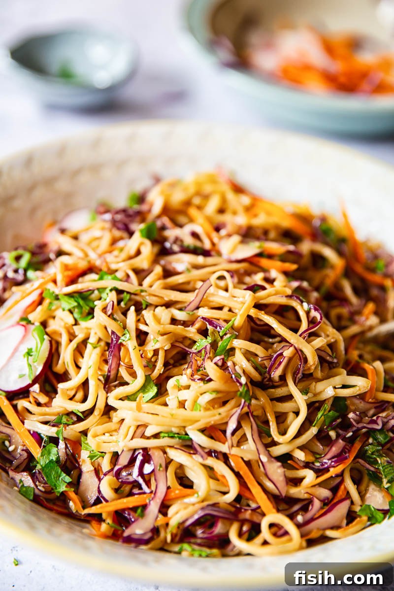 Oriental Noodle Salad with red cabbage, carrots and radishes. 