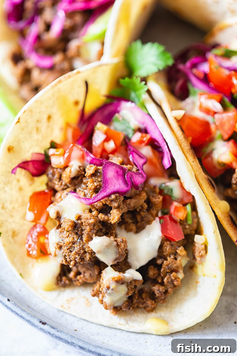Flavorful Beef Tacos generously topped with homemade salsa and a vibrant red cabbage slaw, ready to be devoured.