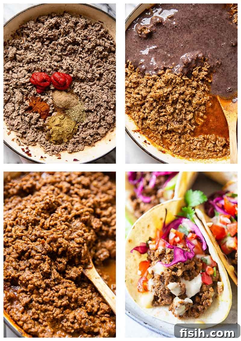 A step-by-step image of the Taco Meat Recipe Cooking Process, showcasing the vibrant ingredients as they cook in a pan.