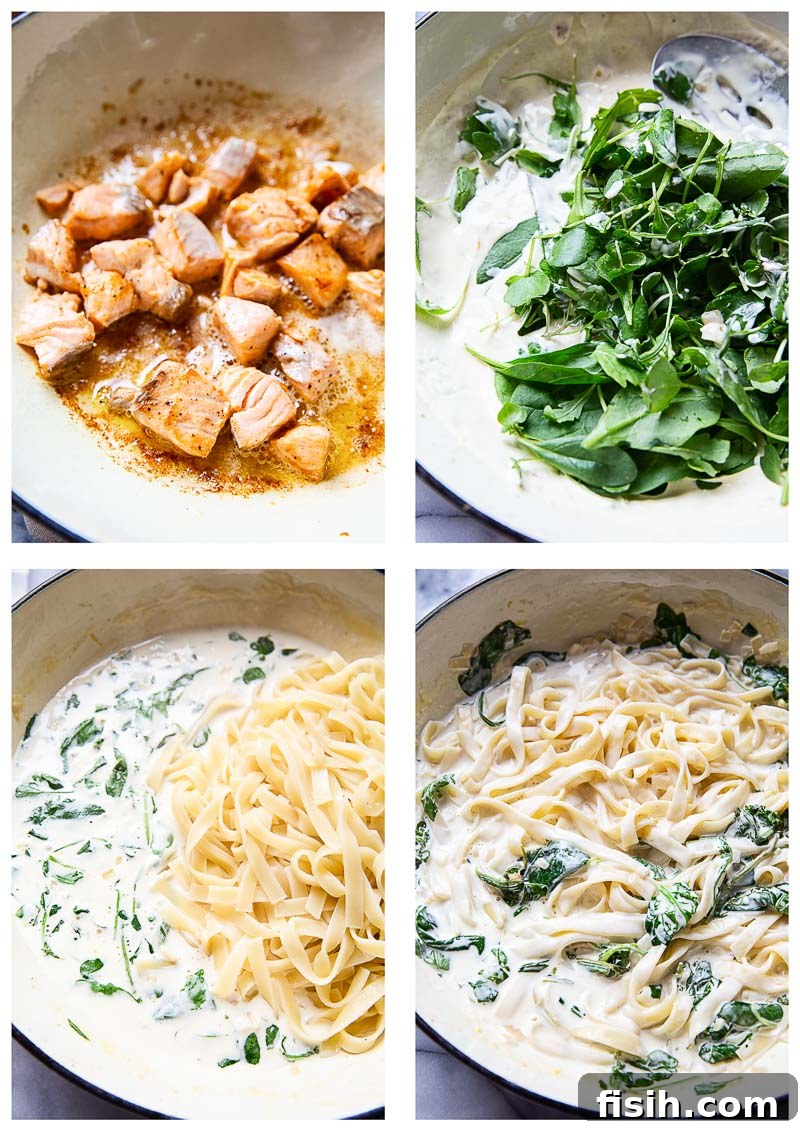 Step-by-step process images for making salmon pasta, showing ingredients and cooking stages.