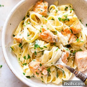 Creamy salmon pasta in bowl
