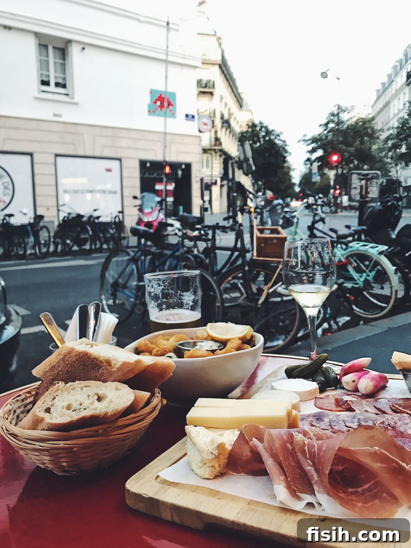 Charming cafe lunch scene on a Parisian street with bicycles