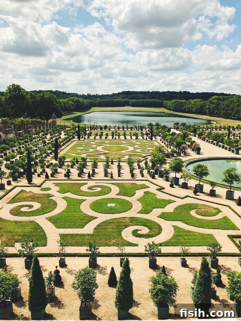 Breathtaking gardens at Versailles viewed from near the Palace