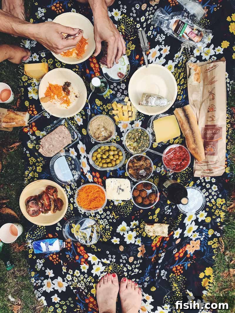 Top-down view of a delightful Parisian picnic spread